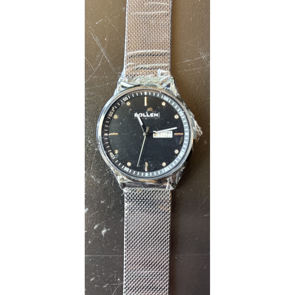 SOLLEN Men's Quartz Watch New In Box Black Dial Silver Mesh Band W/Tool (19)